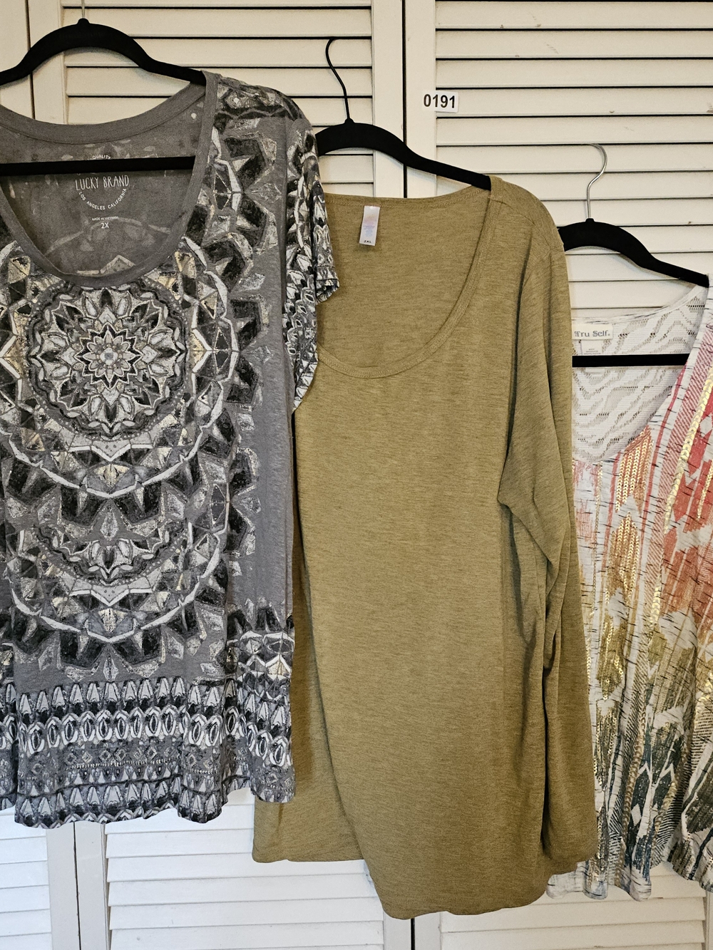 Lucky Brand Mandala Top, Olive Scoop Neck Long Sleeve, Tru Self Top, Size XXL